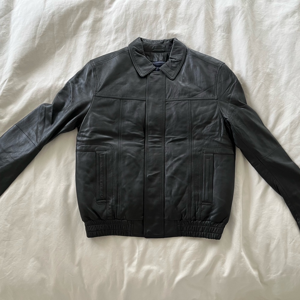 Men’s Black Leather Jacket, Size Medium.